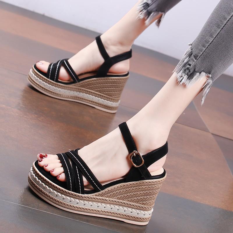 Fashion Comemore Wedges Sandals for Women 2025 Summer Platform 9cm High Heels Roman Style Black Peep Toe Casual Heeled Sandales Femmes