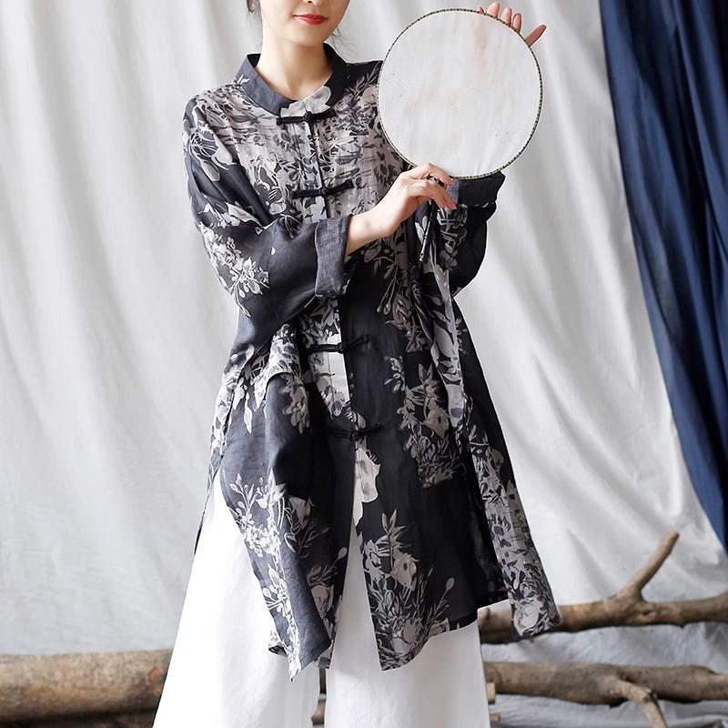 Women's Ethnic Print Retro Stand Collar Midi Shirt with Frog Button, Sun Protection, Loose Fit, Plus Size Outerwear.
