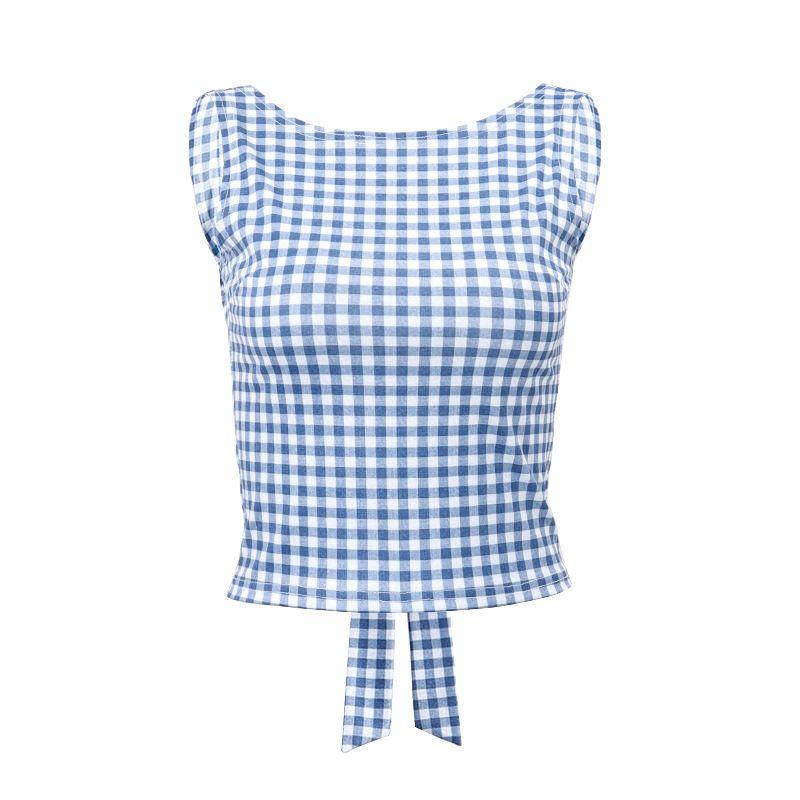 

INS Fashion Style 2025 Summer New Arrival Women s Clothing Sexy Houndstooth Bows Strap Elegant Silm Vest for Women Blue L