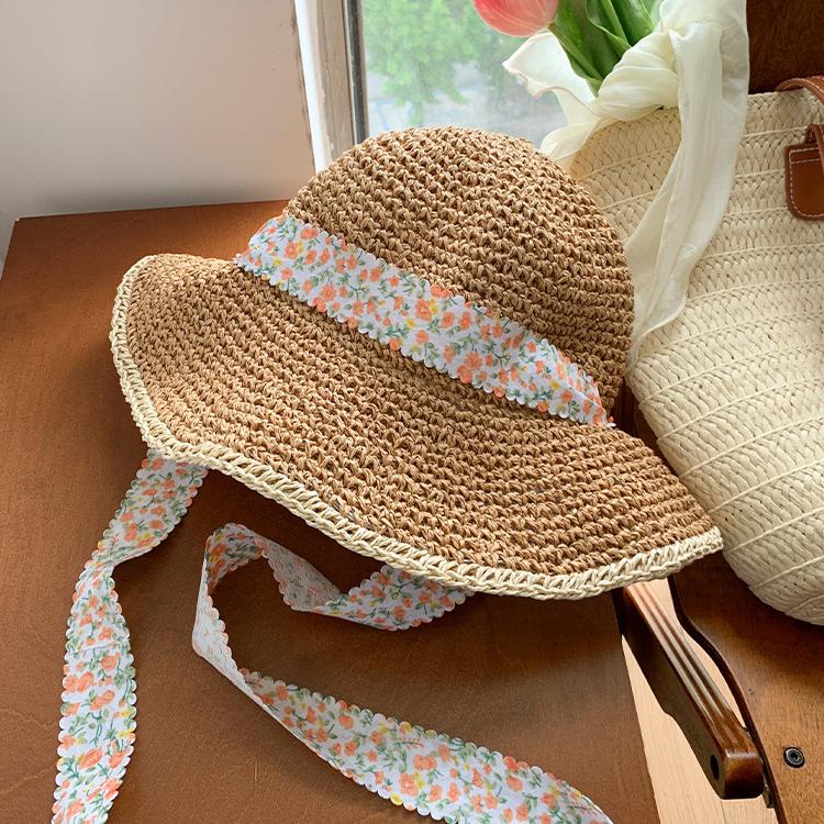 Lace Tie Bow Straw Sun Hat Hollow Packable Wide Brim Summer Beach Sun Protection Breathable Sun Hats Travel for Women