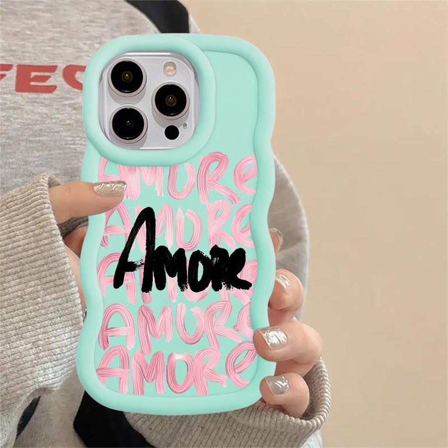 Amore-Love Pink Letter Case for iPhone 12 15 Plus 11 8 16 Pro Max XR 13 17 Air 14 Soft Phone Cover