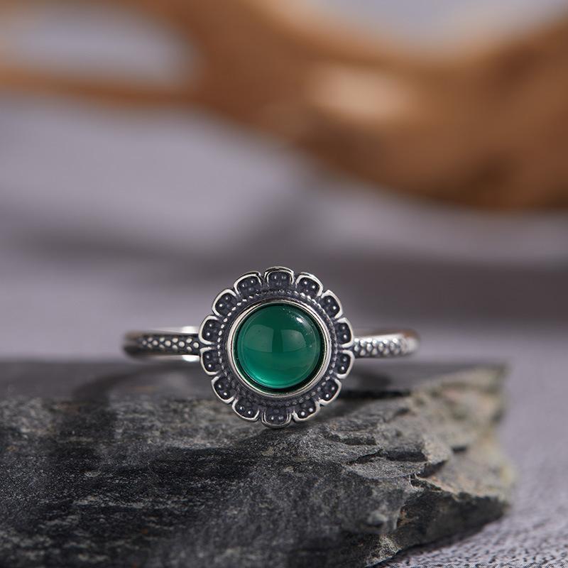 

S925 Sterling Silver Natural Red And Green Agate Purple Dragon Crystal Sea Blue Treasure Color Treasure Thai Silver Ring Ethnic Style Pattern