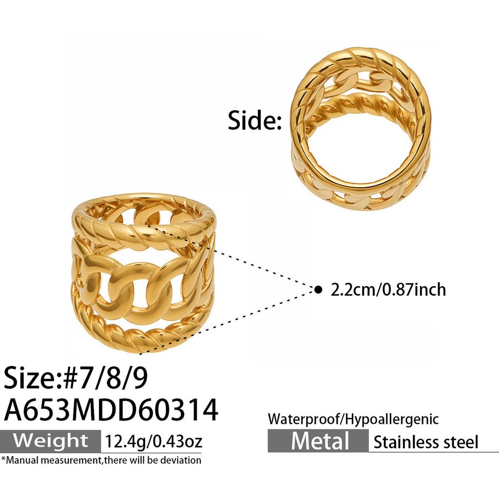 Vintage Hollow Stainless Steel Rings for Women Gold Plated Interwoven Textured Chunky Ring Statement Bold Keeper Rings