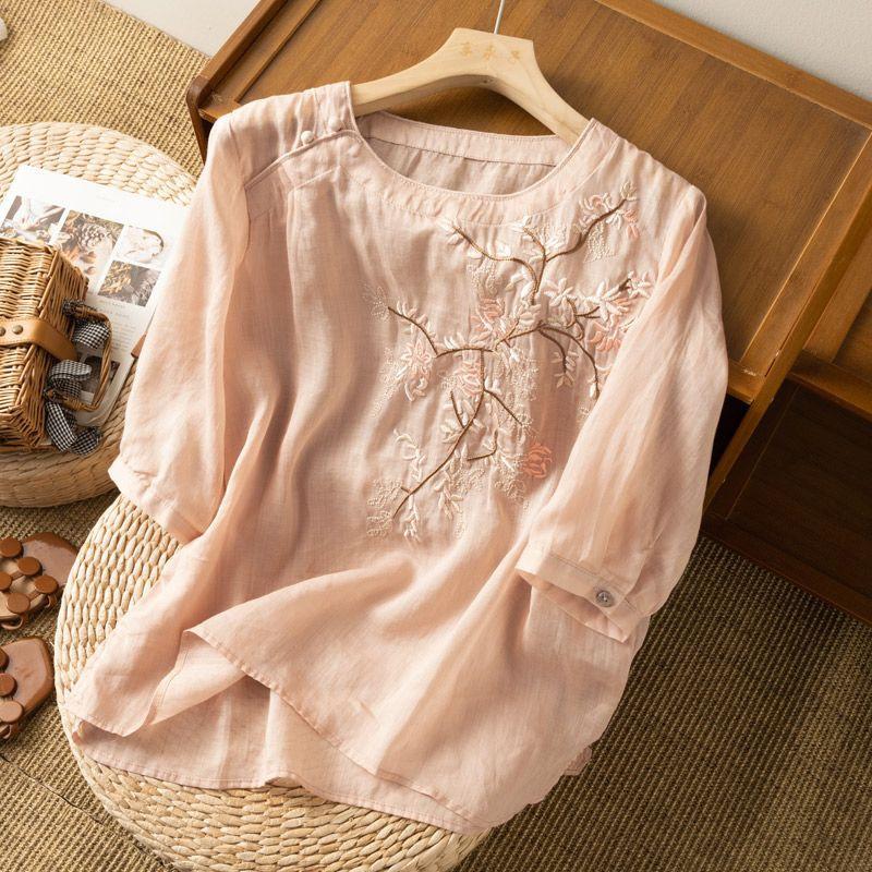 Summer Round Neck Medium Sleeve Embroidered Chic Top Literary Retro Loose Temperament Cotton and Linen T-shirt New