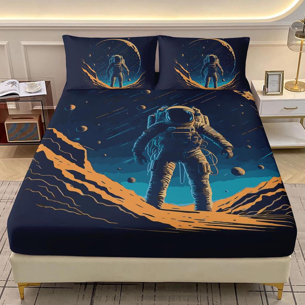Cat Astronaut Pattern Mattress Three-Piece Digital Printing Mattress Bedding Set Adult Children