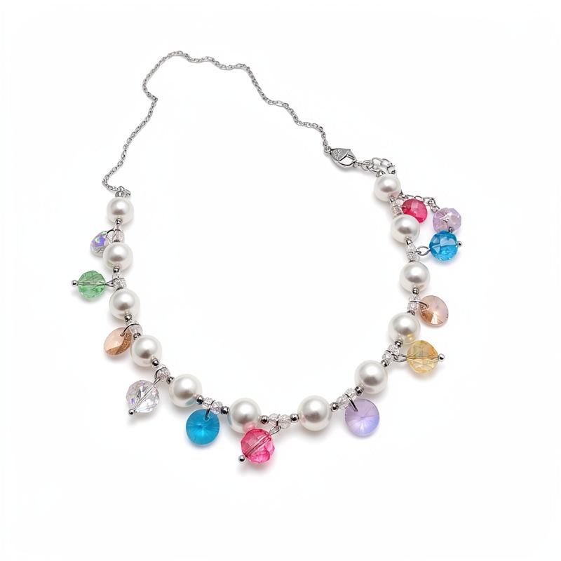 Colorful Dopamine Crystal Beaded Necklace: Water Drop Pearl Collarbone Chain, Fashionable Versatile Jewelry for Women.