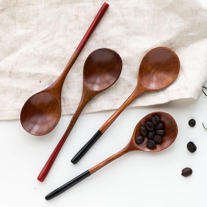 2Pcs Small Wooden Spoons Japanese Style Soup Dessert Spoon Cute Teaspoon Coffee Mixing Spoon Kitchen Natural Wood Tableware