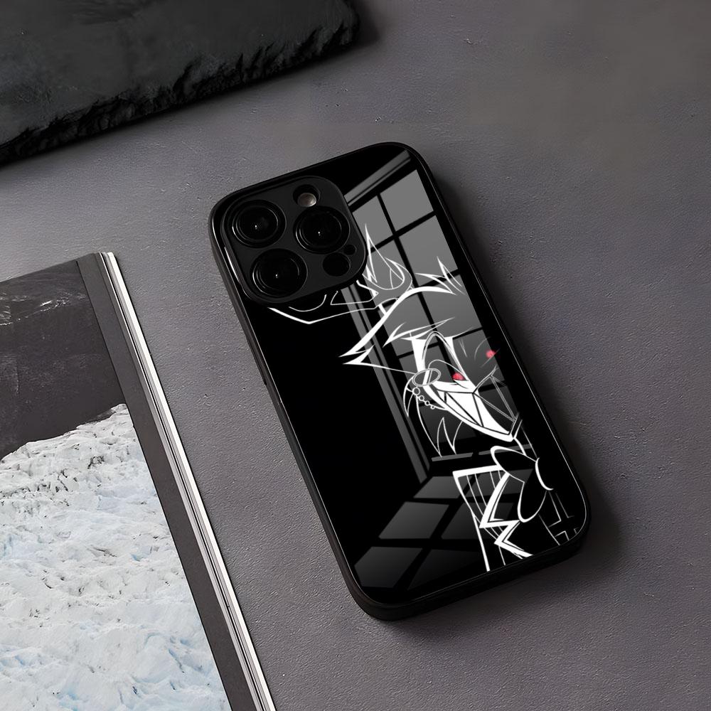 H-Hazbins-Hotels Handyhülle für iPhone 17 Air, 16 E Pro Max, 15, 14, 13 Mini, 12 Pro, 11 Max Plus – Schwarze Glasabdeckung