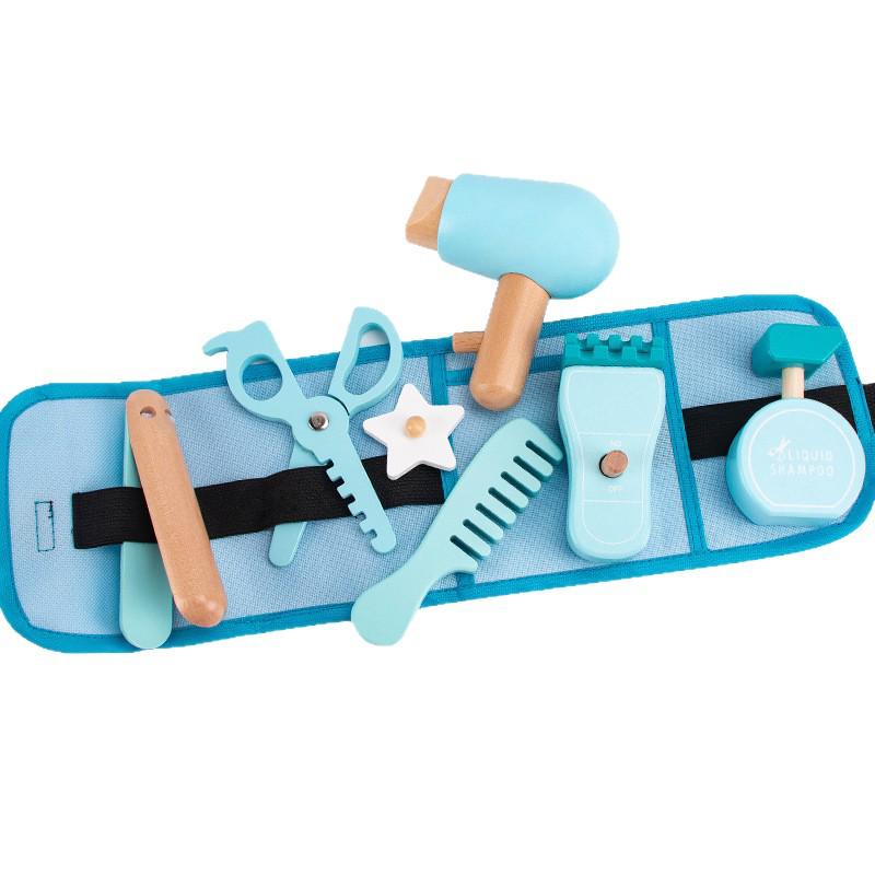 Realistic Toddler Barber Set: Wooden Hairdressing Tools with Waist Pack