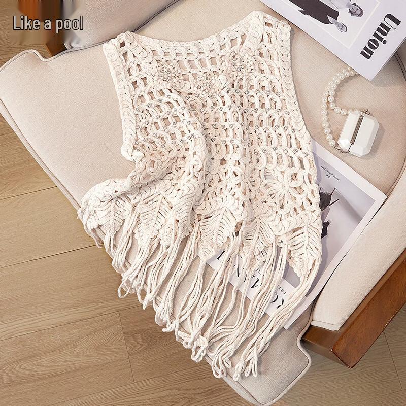 

Bohemian Studded Hollow Knit Vest Cover-up One size