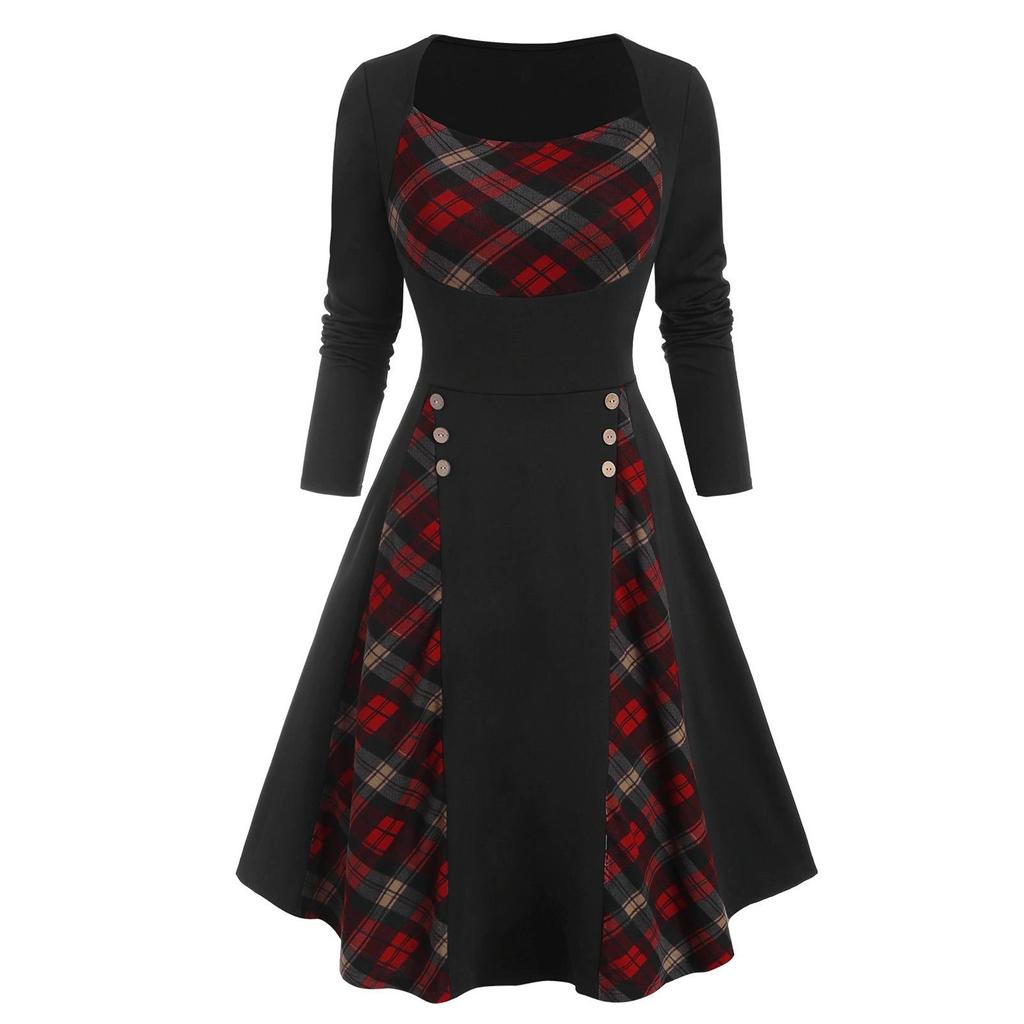 

Women s Vintage Round Neck Plaid Patchwork Mock Button Long Sleeve Dress S червоний