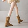 Krazing Pot Cow Suede Nubuck Winter Round Toe Modern Boots Med Heels Slip On Pleated Decoration Women Mid-calf Boots