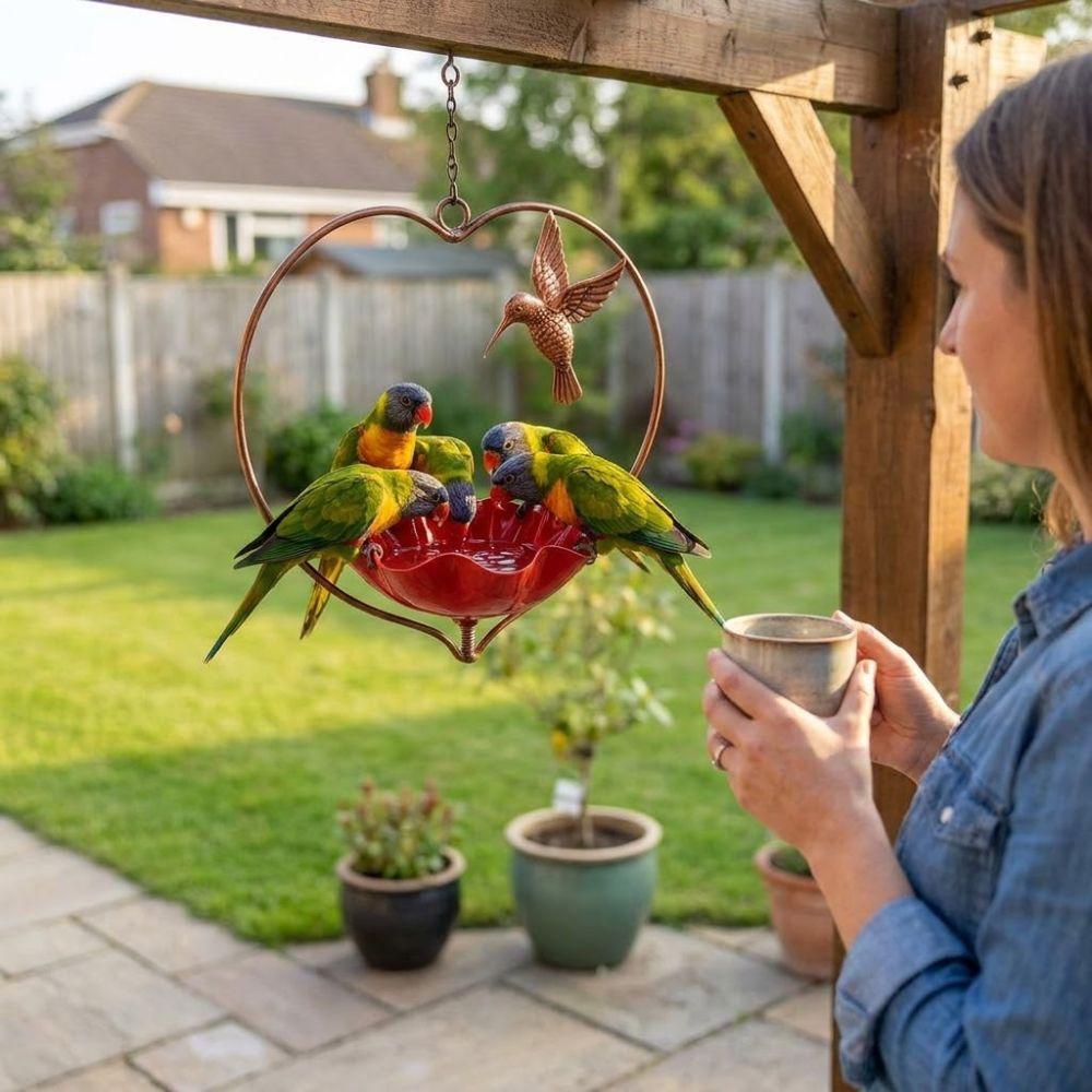 Wide-Mouth Heart Shape Bird Feeder Iron Art Retro Bird Bath Flower Bird Water Feeder Courtyard