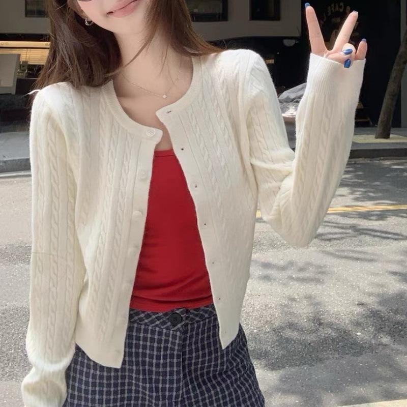 Women's Round Neck Cable Knit Cardigan - Autumn/Winter Versatile Sweater Coat