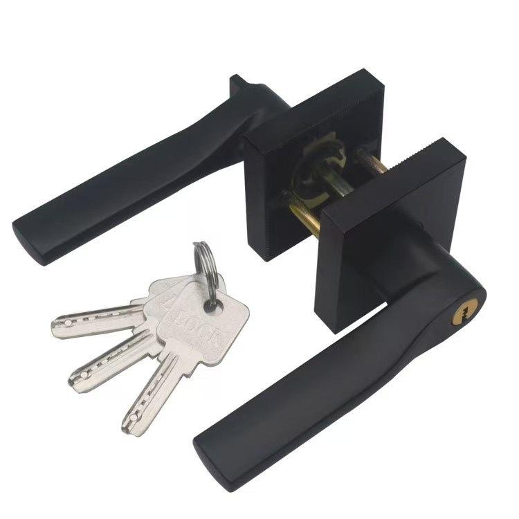 US Design Square Door Handle Lock Easy Install Heavy Duty Aluminum Alloy Privacy Door Lock Handle with Key for Interior Door