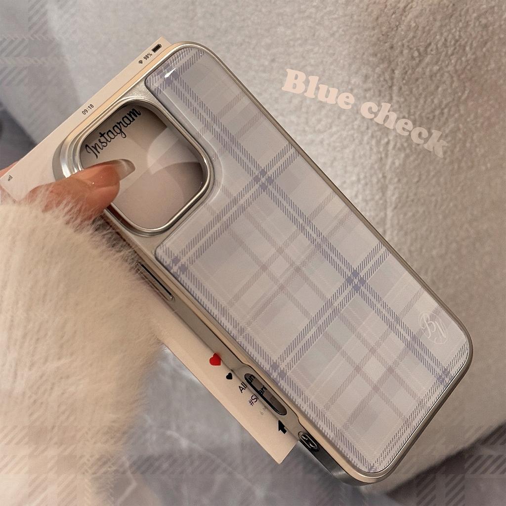 Phone Case for iPhone 17 16e 16 15 14 13 12 11 Pro Max X XR XSMAX 8 7 Air Plus Luxury Clear Blue Grid Pattern Drop Glue Silver