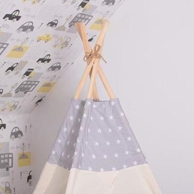Beige and Grey Wigwam Tipi Tent 100% Cotton H160xW120xD100 Cm Star Pattern Including 2 Pillows