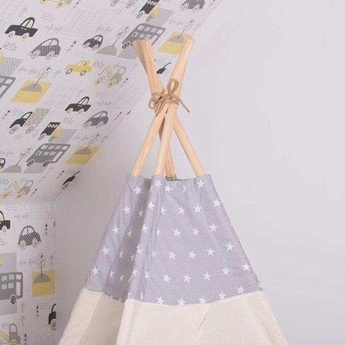 Tente tipi Wigwam béžová a šedá 100% bavlna V160xL120xP100 cm motiv étoile comprenant 2 oreillers