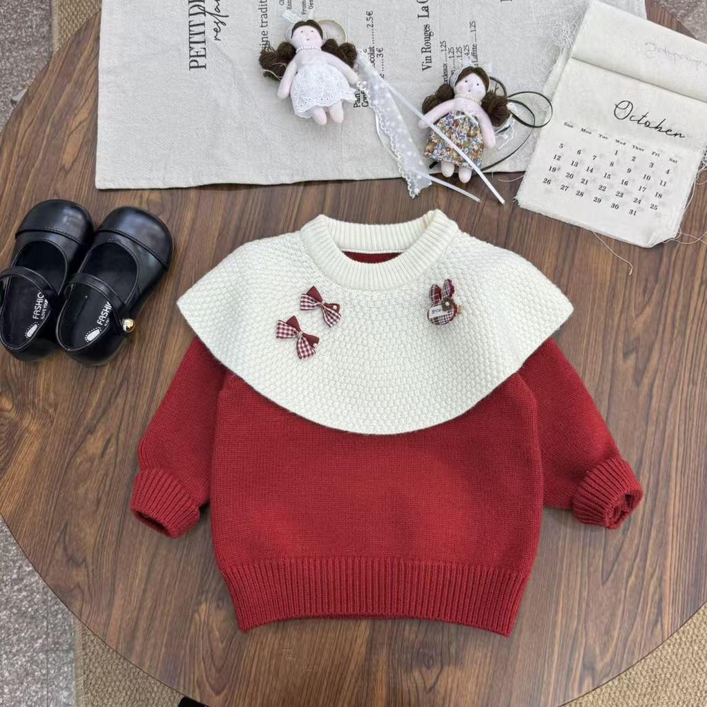 Girl's Red Rabbit Bow Ruffle Knit Sweater - Round Neck, Autumn/Winter Collection