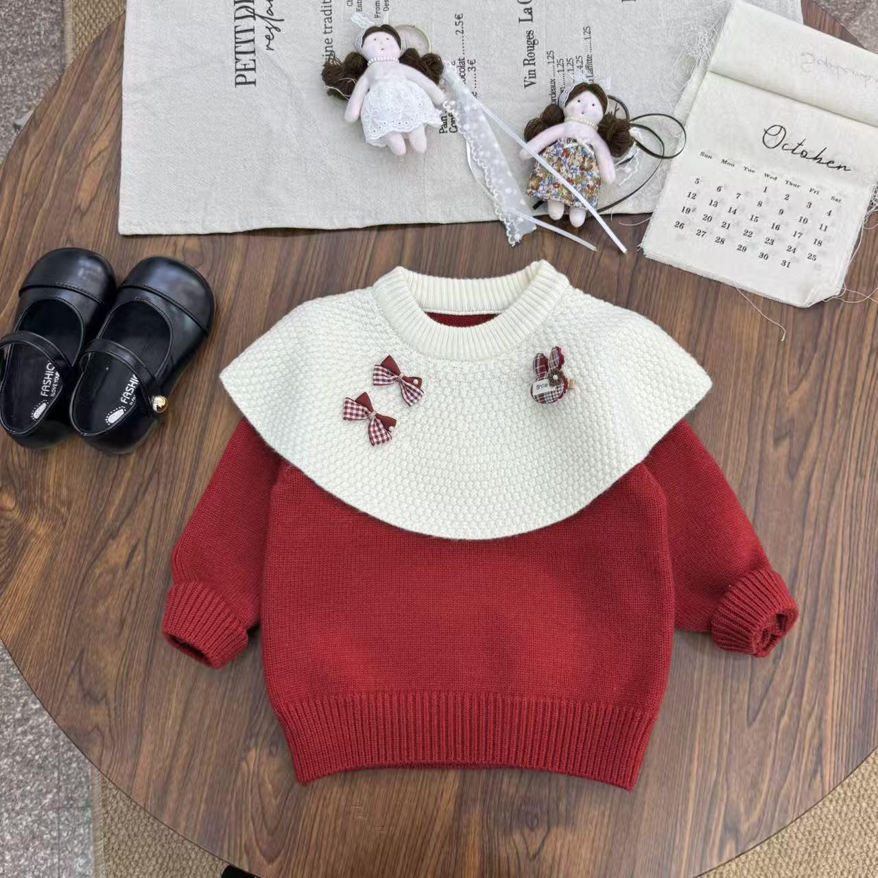 

Girl s Red Rabbit Bow Ruffle Knit Sweater - Round Neck, Autumn/Winter Collection 130 cm червоний