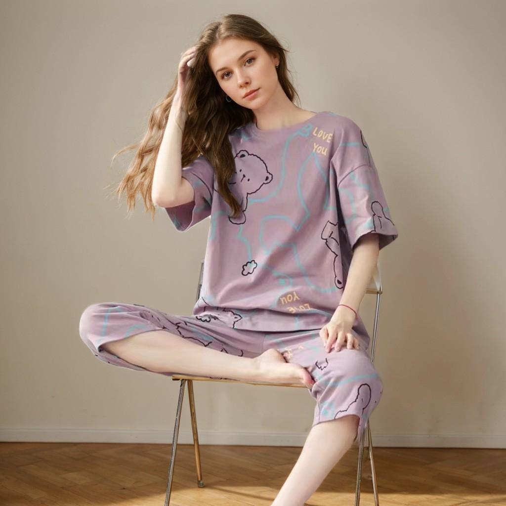 Summer Ladies Two-Piece Pajamas Women Seven Trousers Short-Sleeved Girls Large Size Pajamas Homewear Suit Leisure Wear