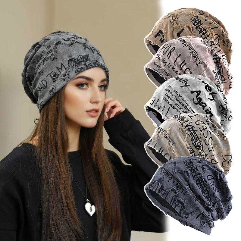 1 PC thin oversized knitted chic pile cap casual printed loose letter fashionable hat 55-59cm
