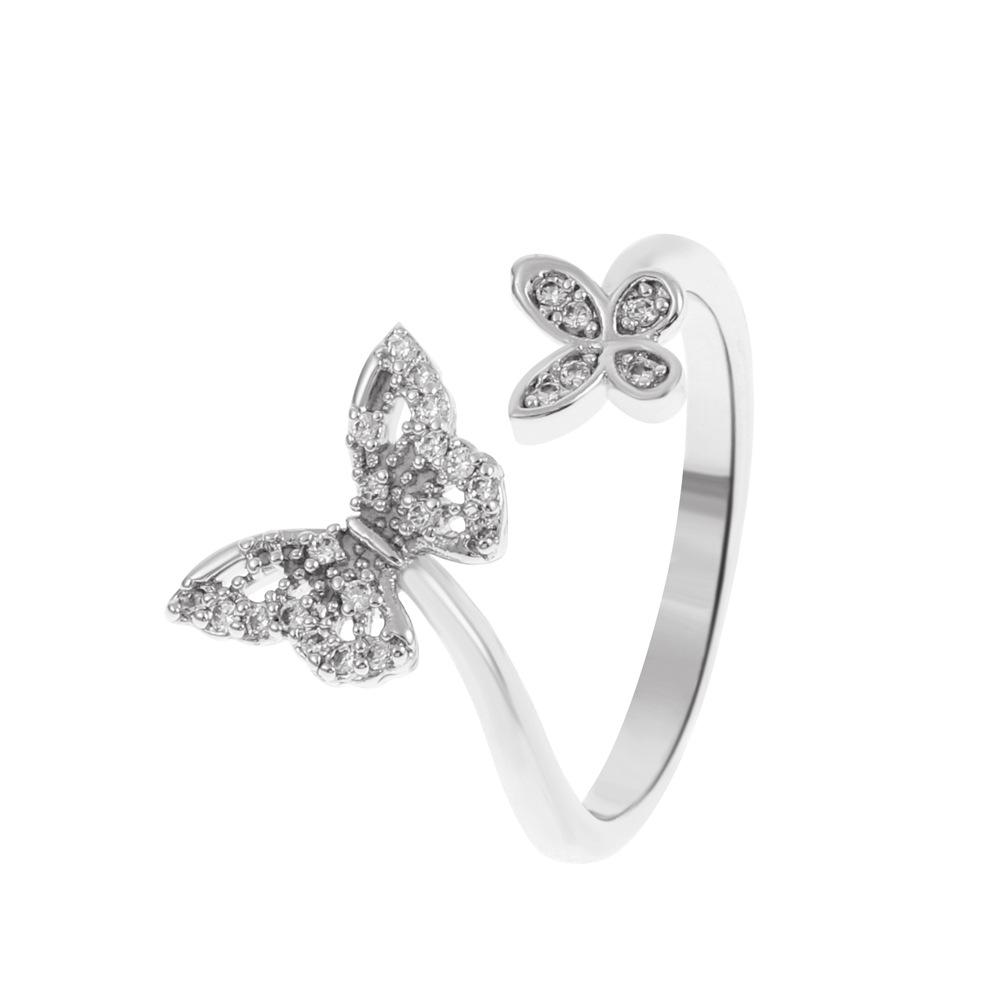Elegant Butterfly Copper Ring with Geometric Diamond Design - Adjustable for Women