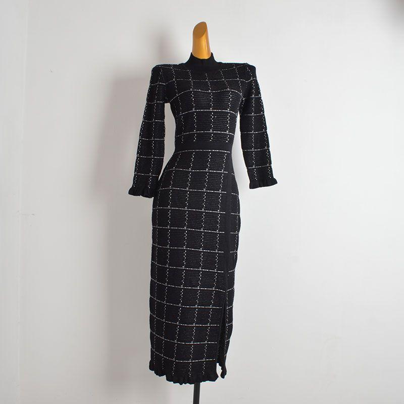 Clothes New Color Matching Half-high Collar Wooden Ear Long Sleeve Knitted Dress Women Clothes Spring and Autumn Waist Hugging Slimming Sheath Skirt