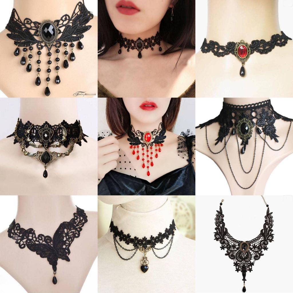 Colier Choker Gotic din Dantelă Neagră - Accesoriu Simplu Punk pentru Femei