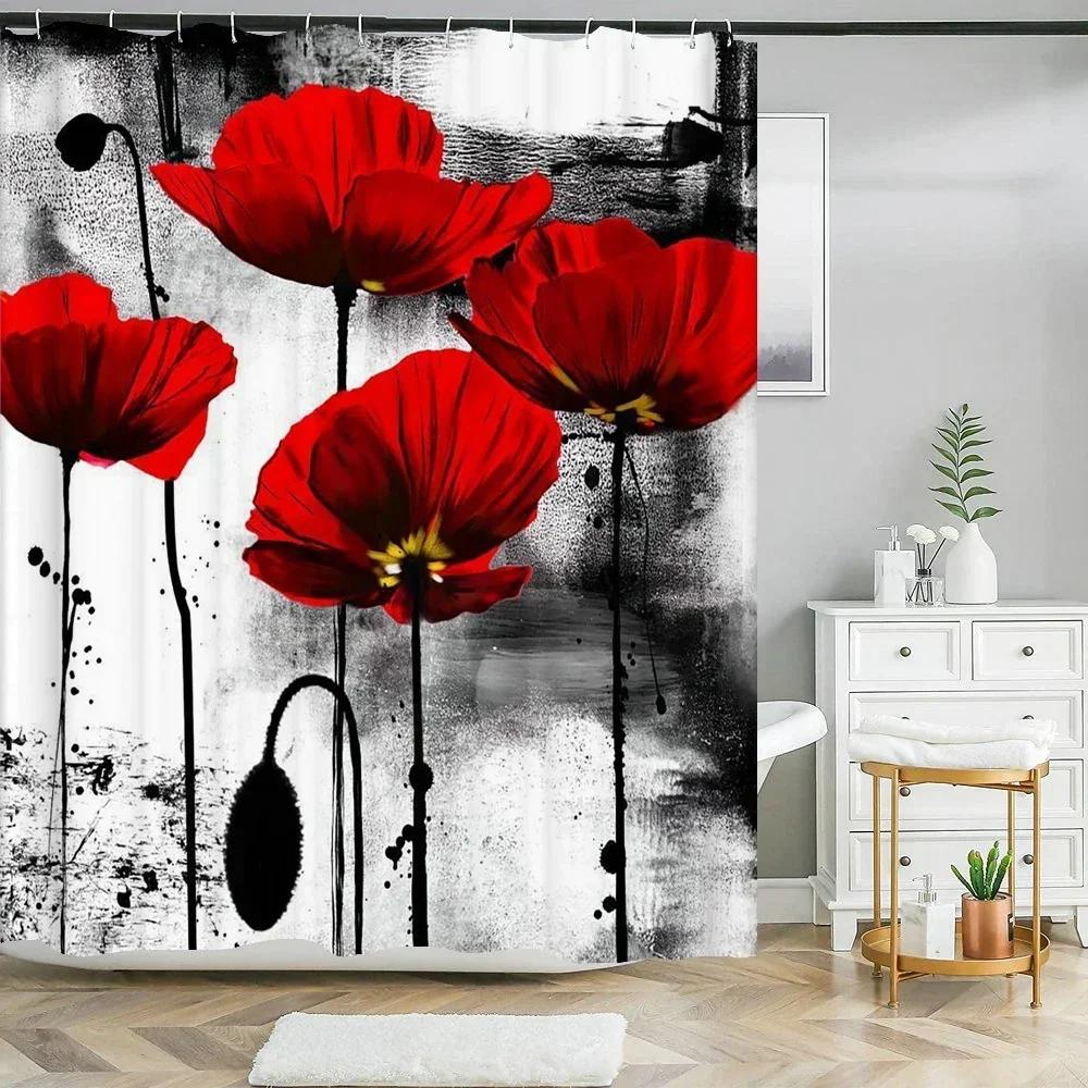 Retro Blooming Flowers Shower Curtains Bathroom Curtains Waterproof Polyester Bath Curtain With 12 Hooks Shower Curtain