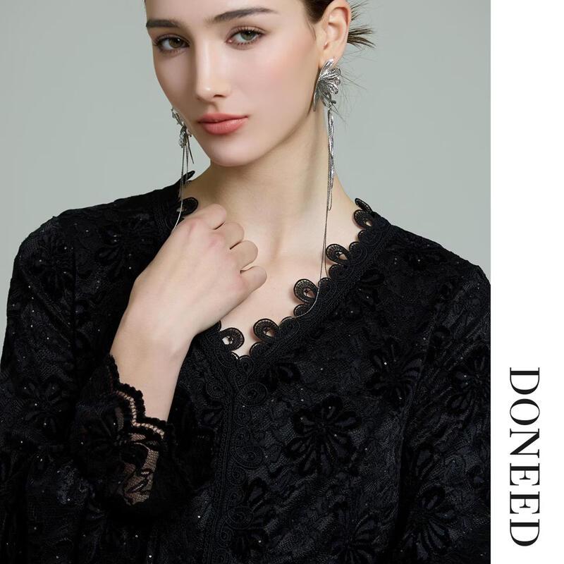 DONEED French Style Lace Trim V-Neck Long Sleeve Blouse