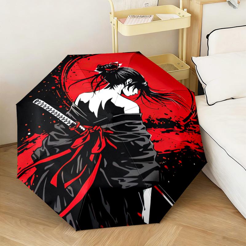 1PC Samurai Sunset Blossoms Automatic Umbrella - Suitable Travel Outdoor Portable Umbrella Birthday Gift Daily Essentials