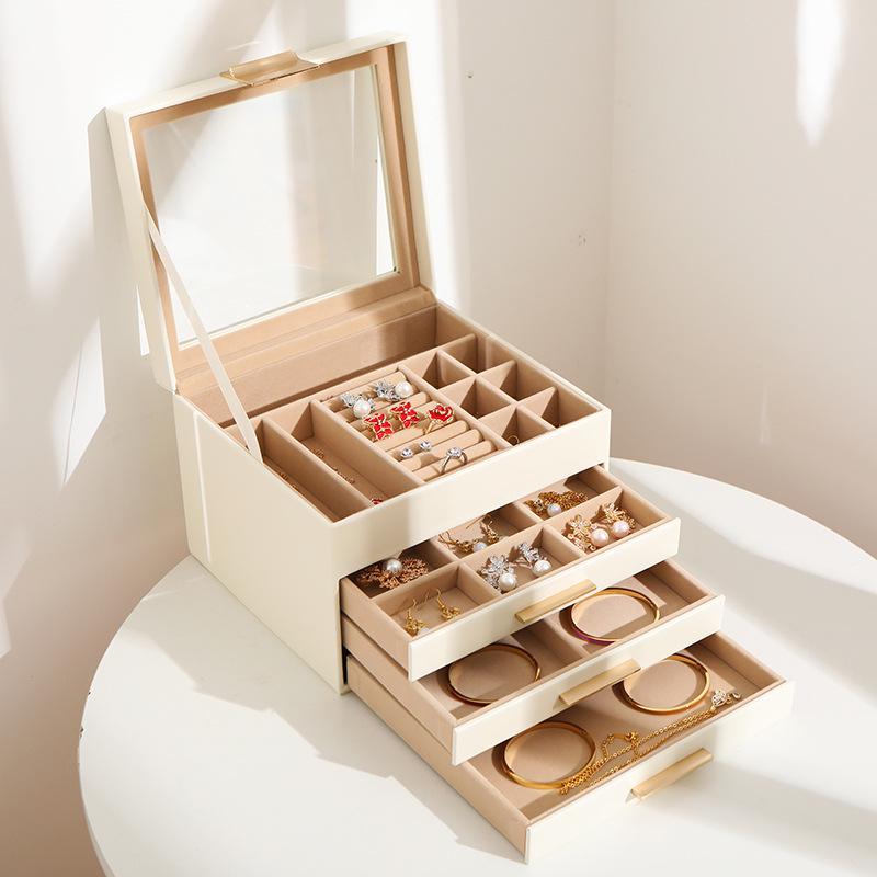 Cross-Border Jewelry Storage Box: Four-Layer Windowed Gold Drawer for Necklaces & Earrings