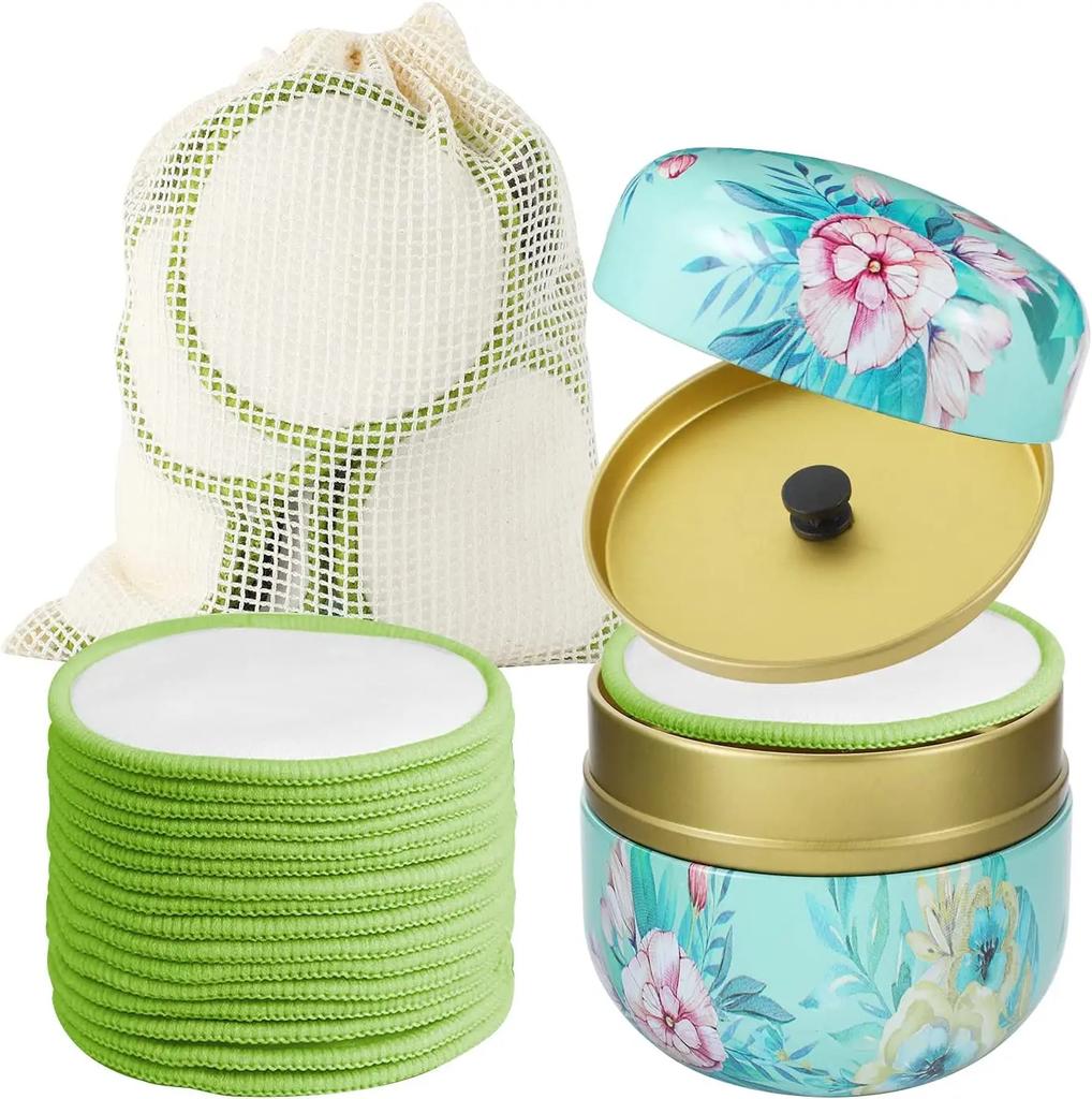 16Pcs/set Bamboo Makeup Remover Reusable Facial Pad Washable Face Round Cotton With Laundry Net Bag And Fashionable Metal Box