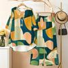 Women Plus Size Round Neck Three Quarter Sleeve Geometric Printed High Low Top And Long Pants Two Piece Set
