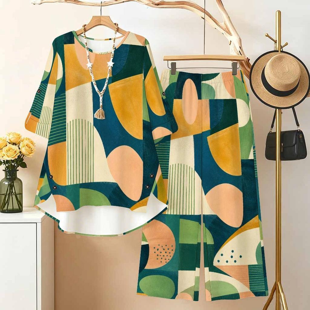 Women Plus Size Round Neck Three Quarter Sleeve Geometric Printed High Low Top And Long Pants Two Piece Set