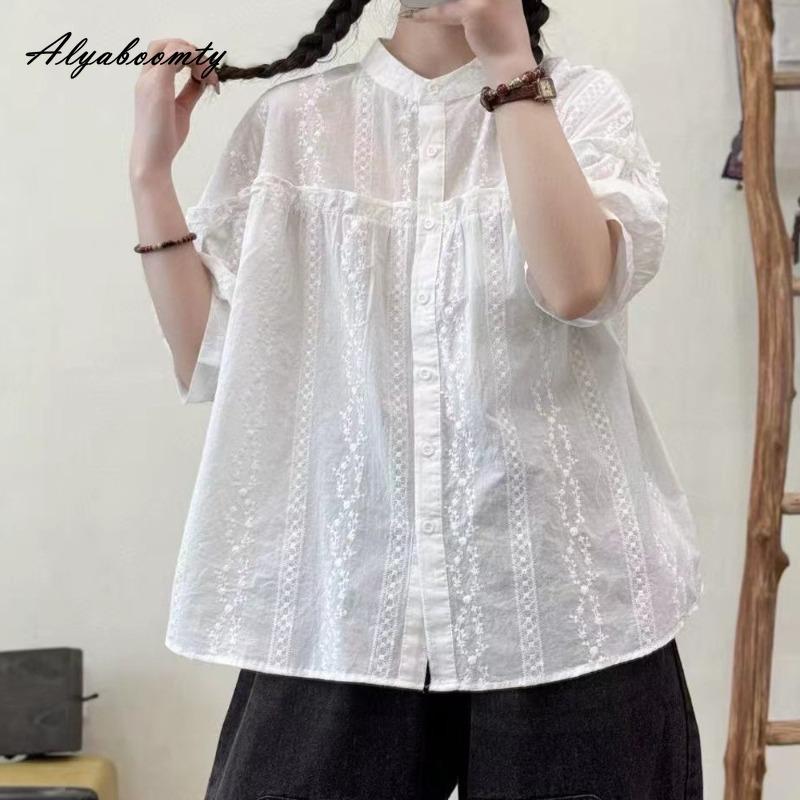 Korean Style Summer Women Oversized Blouse Stand Collar Cotton Embroidery White Shirt Half Sleeve Baggy Casual Loose Ladies' Shirt