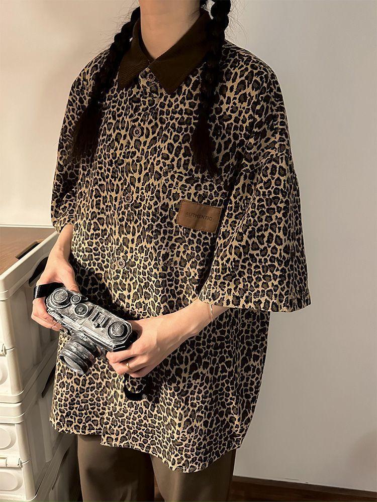 American Retro Vintage Leopard Print Polo, Three-Quarter Sleeve Shirt - Hip-Hop Summer Trend, Stylish Streetwear.