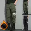 Mid-Rise Elastic Waistband Multi Pockets Letter Print Cargo Pants Men Autumn Winter Drawstring Fleece Lined Jogging Trousers Streetwear