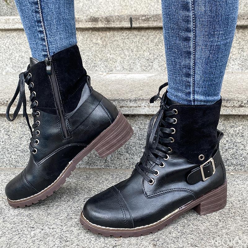 Fashionable Versatile New Spring Autumn Thick Heel Lace Up Women's Shoes Elegant Simple Solid Color Women's Low Cut Boots