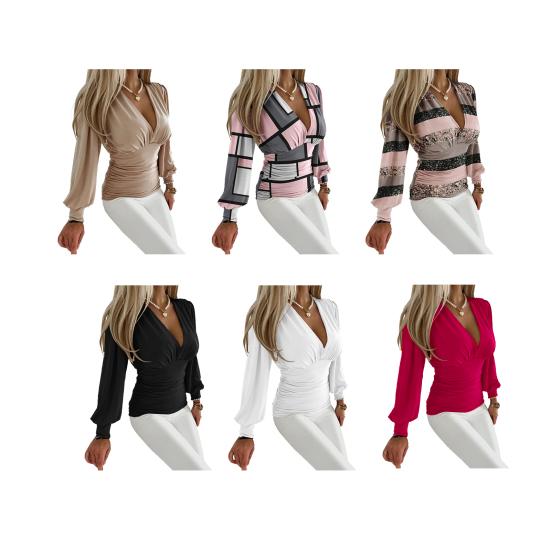 Camicia primaverile da donna scollo a V profondo pieghettato a righe in tinta unita manica lunga tinta unita manica lanterna vestibilità slim OL da pendolarismo