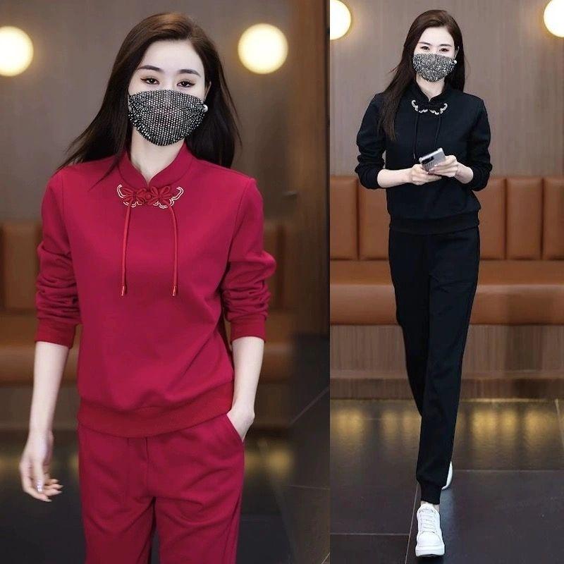 Chinesischer Lässiger Sportanzug für Damen, Mode für Frühling und Herbst, Sweatshirt mit nationalem Schnallenverschluss, Zweiteiliges Set mit Leggings und Hosen