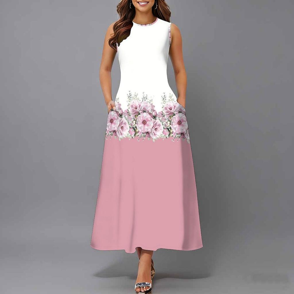 Women Plus Size Sleeveless Round Neck Dress Big Floral Printed Loose Flowy Mid Calf Dress