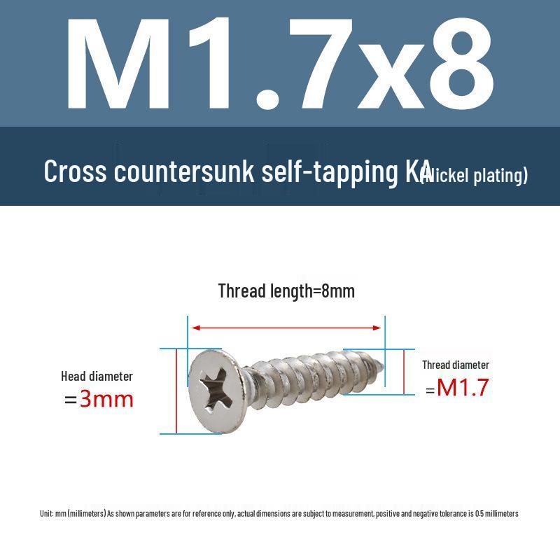 YiguYigu Nickel-Plated Phillips Flat Head Self-Tapping Screws M1-M5, Carbon Steel