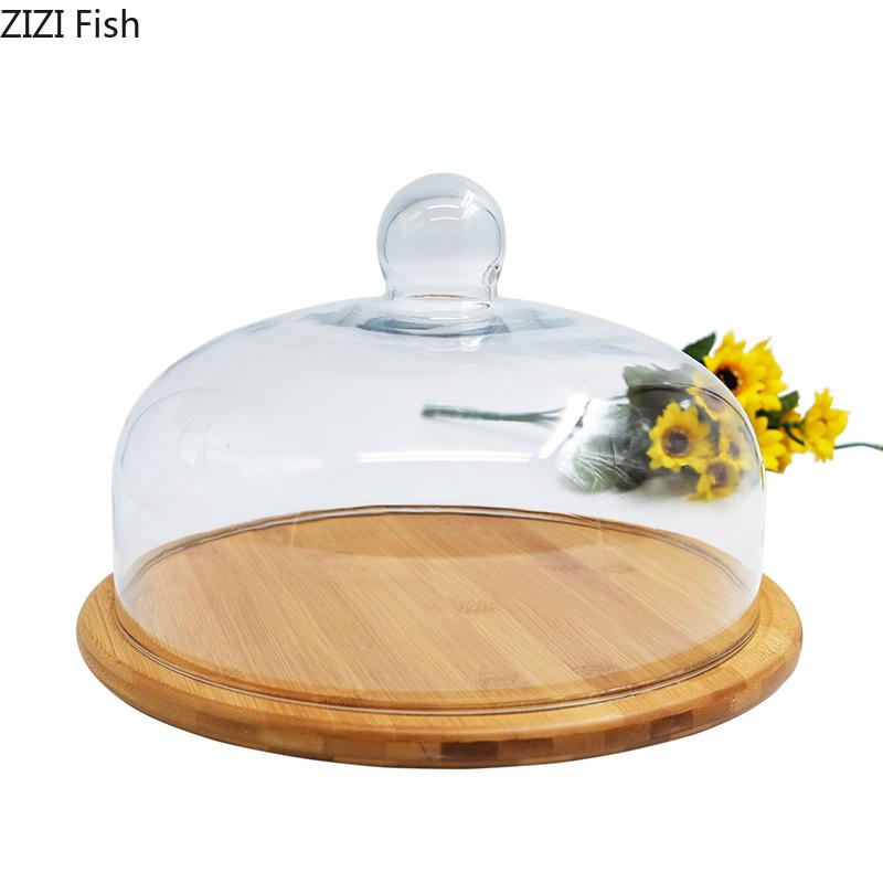 Nordic Style Retro Wooden Cake Plate Glass Cover Dessert Table Display Stand Tray Home Kitchen Decoration Festive Party