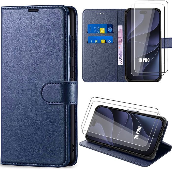 Coque + 2 Verres Trempés pour iPhone 18 Pro, Antichoc Anti-Rayures Cuir Synthétique Bleu Marine