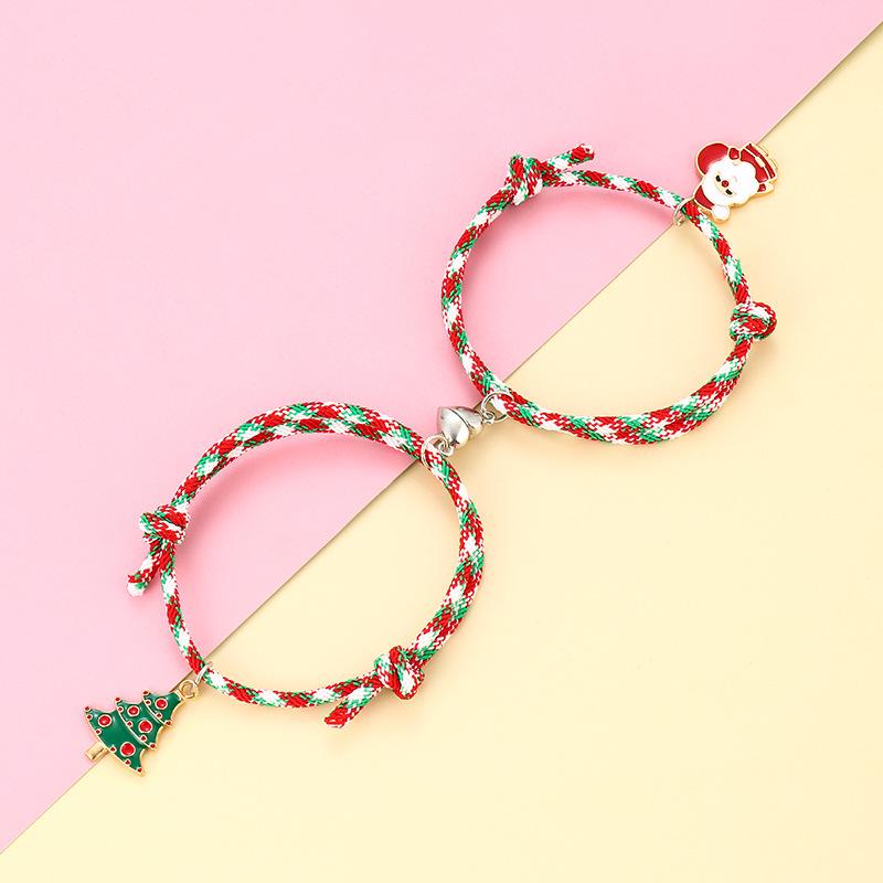 Santa Claus Magnet Heart Couple Bracelets - Drip Oil Alloy Christmas Pair