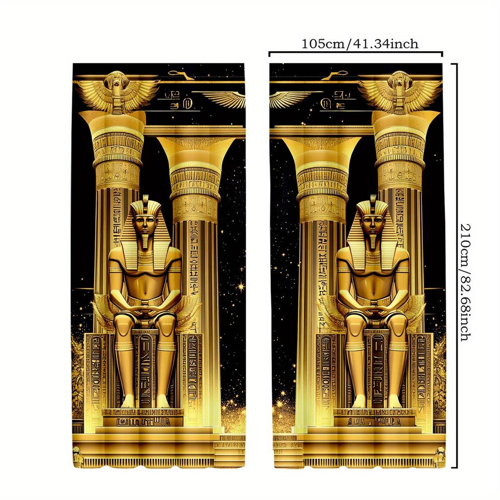 2pc Egyptian Pyramid Curtains – Black with Gold Hieroglyphs   Sheer Rod Pocket for Living Room or Bedroom