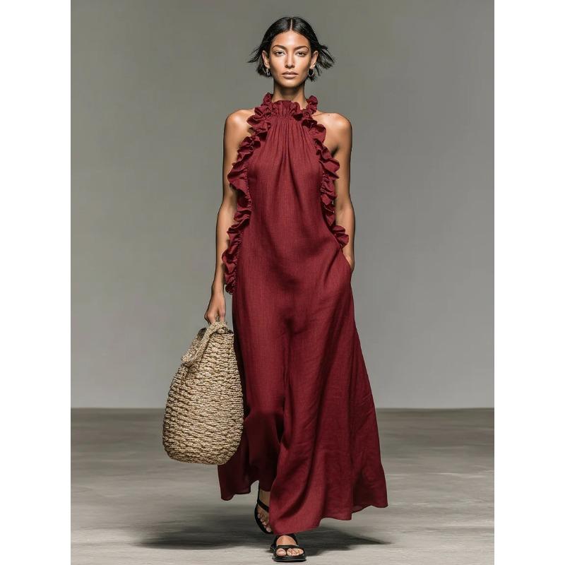 Holiday Ruffle Edge Neck Sleeveless Dress Women's Summer Loose and Thin Long Dress Women's Clothing