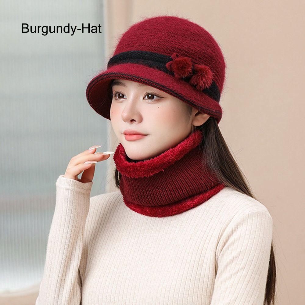 Outdoor Elderly Middle Aged Winter Beanie Hat Scarf Fleece Lining Warm Knit Bucket Hat Windproof Hat Scarf Set for Women